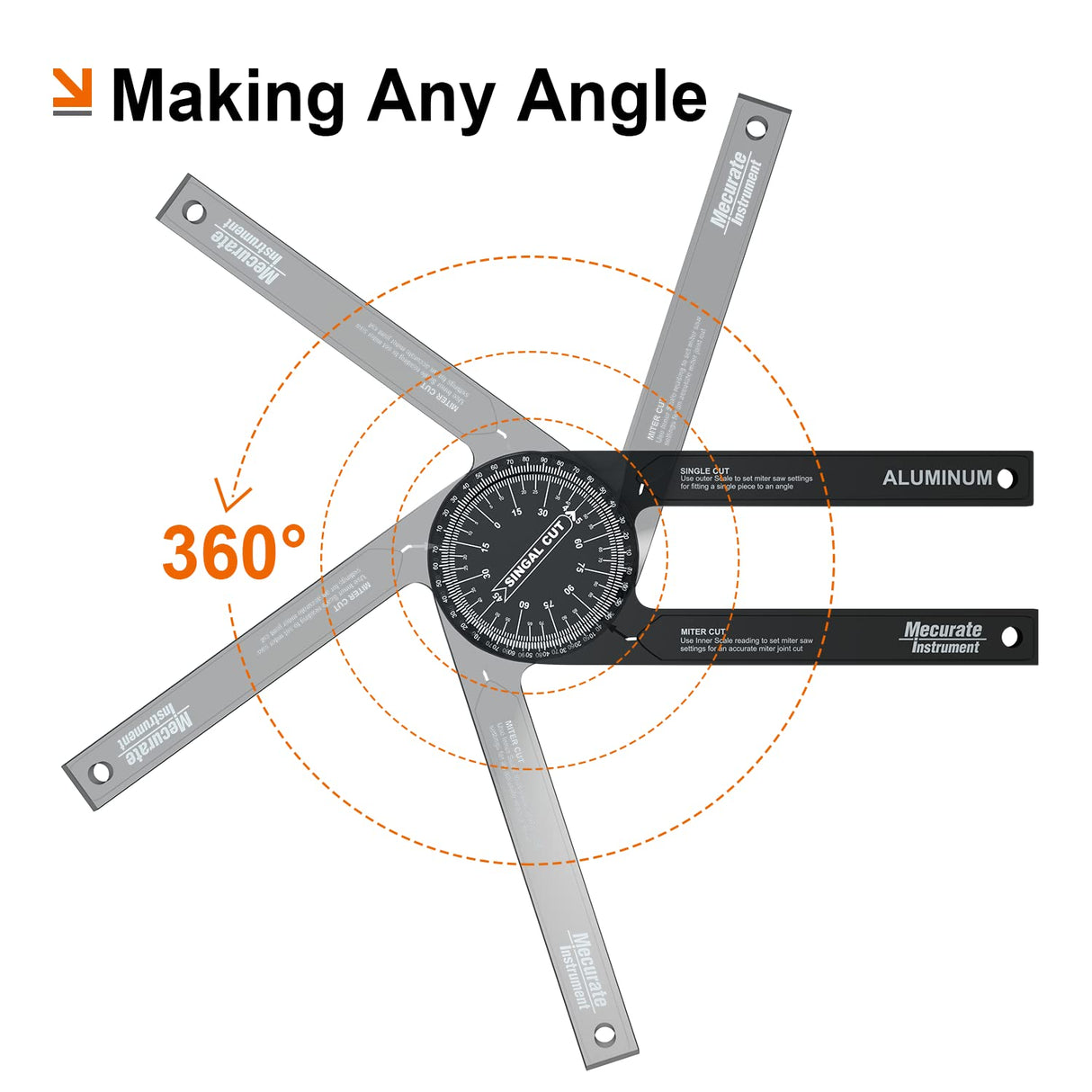 Mecurate Aluminum Miter Saw Protractor, 7.3-Inch Angle Finder Featuring Precision Laser Engraved Scales Woodworking Lightning Measure Tool with 360 Mecurate