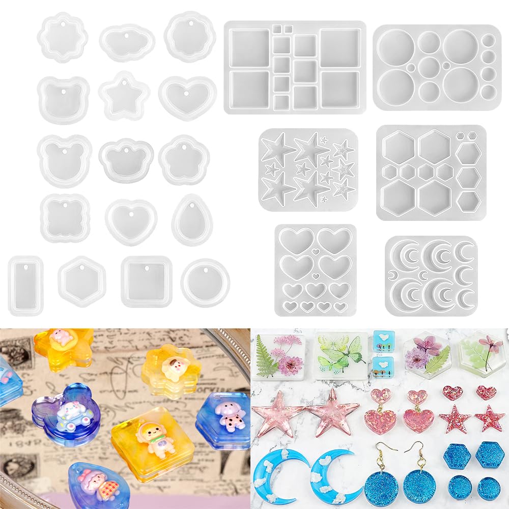 RESINWORLD Multi-Functional Small Silicone Molds Set for Resin + 16pcs Variety Geometric Pendant Silicone Molds with Hanging Hole ResinWorld