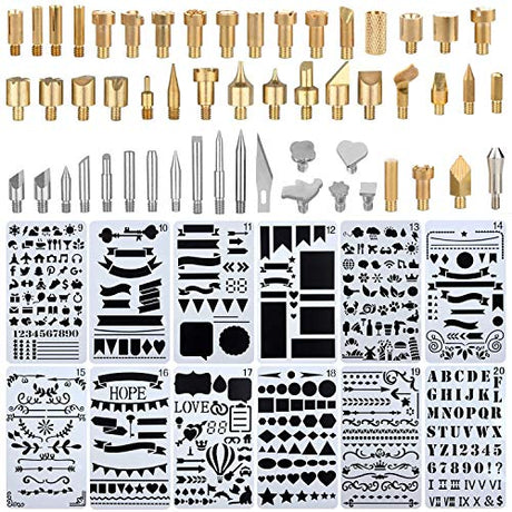 Pannow 65 Pcs Wood Burning Kit,Professional Soldering Iron Tips and DIY Drawing Template Carving Engraving Craft Tools for Woodworking, Leather Pannow