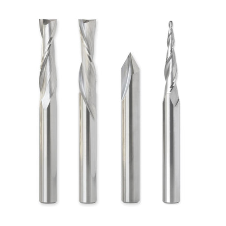 ROUTYBITS - 4 Pcs Set - 1/4 Inch Up, 1/4 Down, 60 Degree, .031 Radius Ballnose - 1/4 in Diameter Shank - Solid Carbide Engraving Bit Set, Spiral RoutyBits