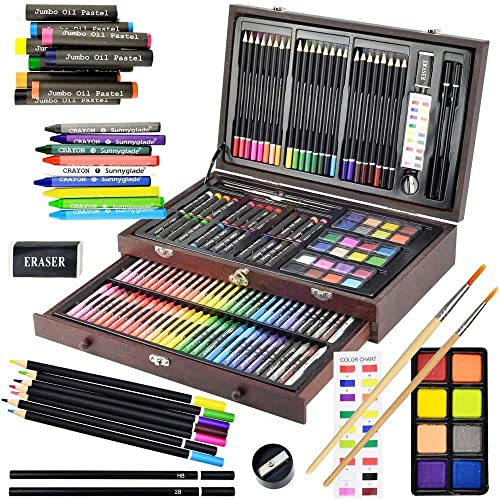 Sunnyglade 145 Piece Deluxe Art Set, Wooden Box & Drawing Kit with Crayons, Oil Pastels, Colored Pencils, Watercolor Cakes, Sketch Pencils, Paint Sunnyglade