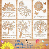 6 Pieces Sunflower Stencil Kit, Reusable Family Tree Stencil Flower Butterfly Painting Templates You are My Sunshine Stencil with Metal Open Ring for Zonon