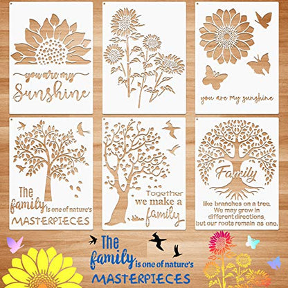 6 Pieces Sunflower Stencil Kit, Reusable Family Tree Stencil Flower Butterfly Painting Templates You are My Sunshine Stencil with Metal Open Ring for - WoodArtSupply