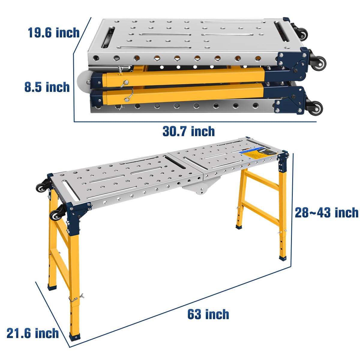 FUNTECK Versatile Portable Steel Work Platform and Welding Table with Casters | 55 x 14-inch Galvanized Tabletop | 1100 lbs. Load Capacity | FUNTECK