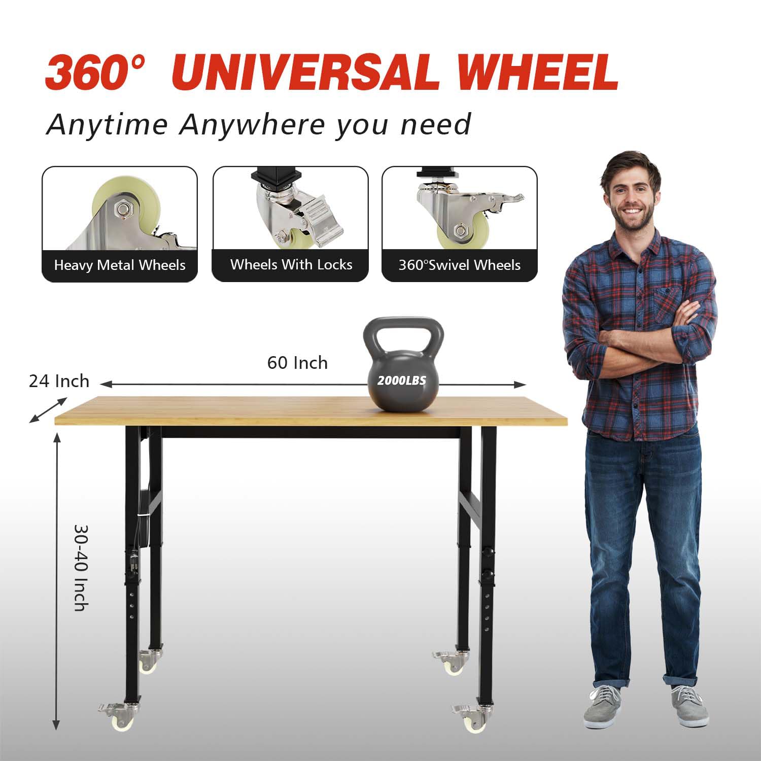 60" Adjustable Workbench with Power Outlets, Rubber Wood Top Heavy-Duty Work Table, 2000 LBS Load Capacity Hardwood Workbench with 4 Lockable Wheels - WoodArtSupply