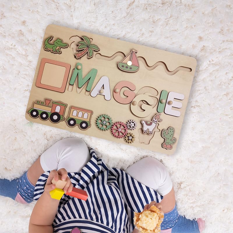 Personalized Name Puzzle - Montessori Busy Board - Wooden Custom Name Puzzle with Engraved Text on Back - Personalized Baby Gifts - 1st Birthday Gift - WoodArtSupply