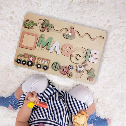 Personalized Name Puzzle - Montessori Busy Board - Wooden Custom Name Puzzle with Engraved Text on Back - Personalized Baby Gifts - 1st Birthday Gift - WoodArtSupply