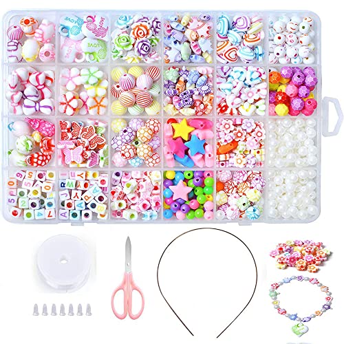 Beads Art Crafts Toys, Acrylic Beads Bracelet Making Kits DIY Beads Kits 24 Different Types and Shapes Colorful Acrylic Beads for Girls Kids DIY Bead - WoodArtSupply