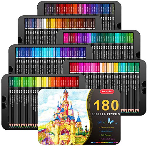 Soucolor 180-Color Artist Colored Pencils Set for Adult Coloring Books, Soft Core, Professional Numbered Art Drawing Pencils for Sketching Shading