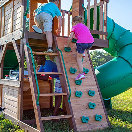 Backyard Discovery, Cedar Cove Wood Swing Set, Playground Fort, Chalkboard, Telescope, Dual Slide, Kitchenette, Wide Swing Lanes, 5ft Rock Wall, Step Backyard Discovery