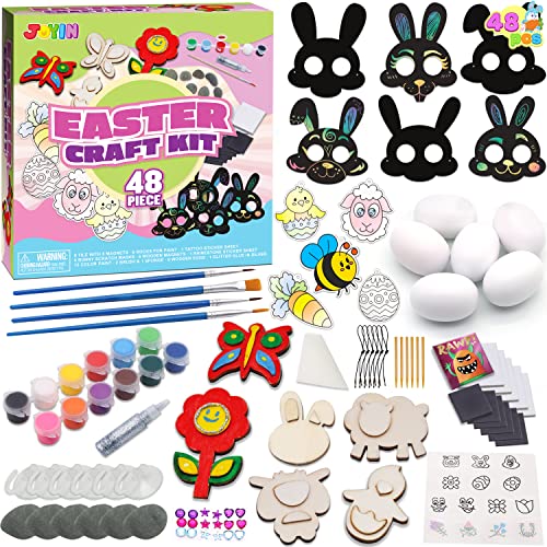 JOYIN 48 PCS Easter Craft Kit Easter Assorted DIY Painting Kit Includes Rocks, Scratch Art Masks, Wooden Eggs and Magnets for Kids Creativity Easter - WoodArtSupply