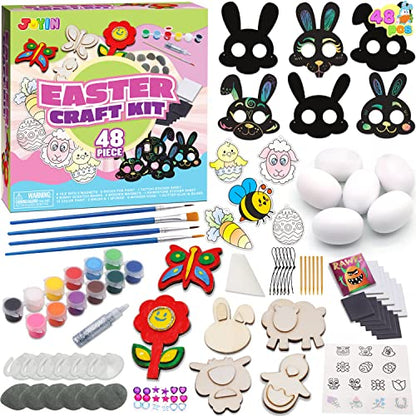 JOYIN 48 PCS Easter Craft Kit Easter Assorted DIY Painting Kit Includes Rocks, Scratch Art Masks, Wooden Eggs and Magnets for Kids Creativity Easter - WoodArtSupply