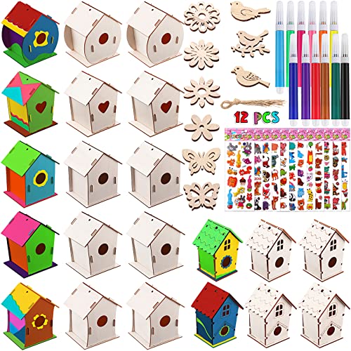 107 Pcs Wooden Birdhouse DIY Kits, Includes 21 Unfinished Wood Mini Bird House 24 Watercolor Pen 50 Bird Butterfly Flower Slices 12 Cute Animal