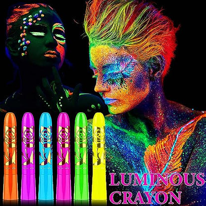 6 Colors Glow in The Black Light Face Body Paint Sticks,UV Neon Glow Fluorescent High Pigmented Face Painting Crayons Kit for Halloween Mardi Gras
