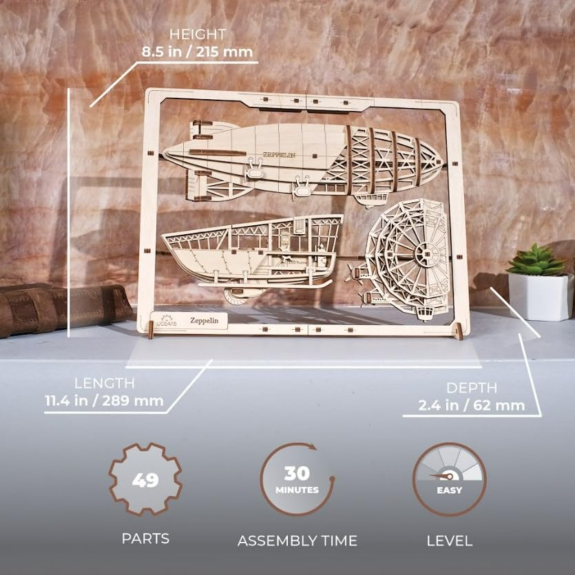 UGEARS 2.5D Framed Zeppelin - Classic Aircraft Wood Model Kit with Movable Propellers & Stabilizers - Airship Wooden Puzzle Model Kits for Adults - UGEARS