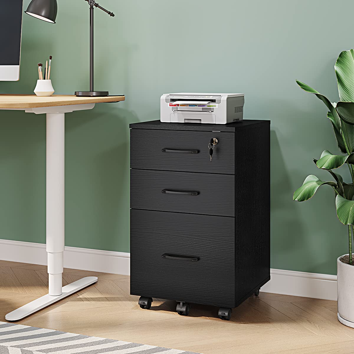 Panana 3 Drawer Wood Mobile File Cabinet, Under Desk Storage Drawers Small File Cabinet for Home Office (Black) Panana