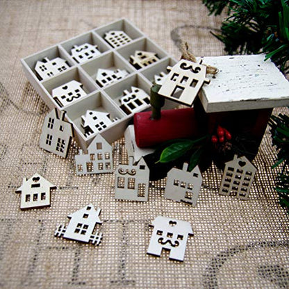 SEWACC 45pcs Unfinished Wooden Cutouts Wooden Houses Shapes Embellishments Hanging Ornaments Wooden House Cutout Slices for DIY Craft Christmas Decor