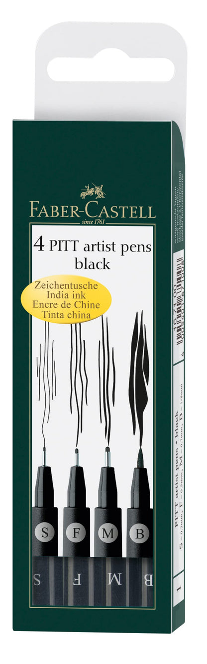 Faber Castell 167100 Pit Artist Pens, Set of 4, Black Assortment, 199 S, F, M, B