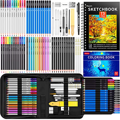 iBayam 78-Pack Drawing Set Sketching Kit, Pro Art Supplies with 75 Sheets 3-Color Sketch Pad, Coloring Book, Charcoal, Metallic, Colored Watercolor,