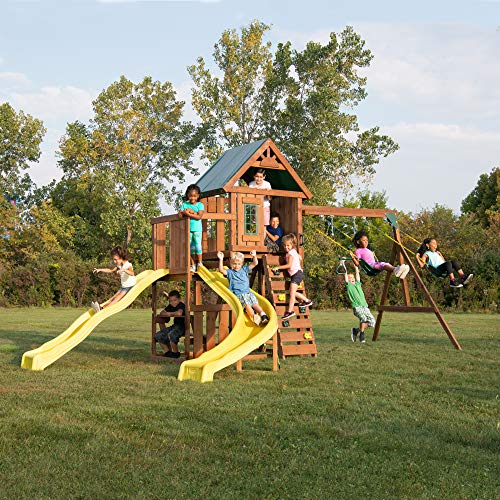 Swing-N-Slide WS 8355 Castlebrook Swing Set with Two Slides, Swings & Climbing Wall, Wood