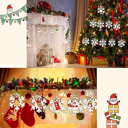 50PCS Unfinished Wood kit with Holes, Wood Slice for DIY Crafts, Blank Snow Wood Cutouts Wooden Tags Ornaments for Sign Gift Tags, Christmas