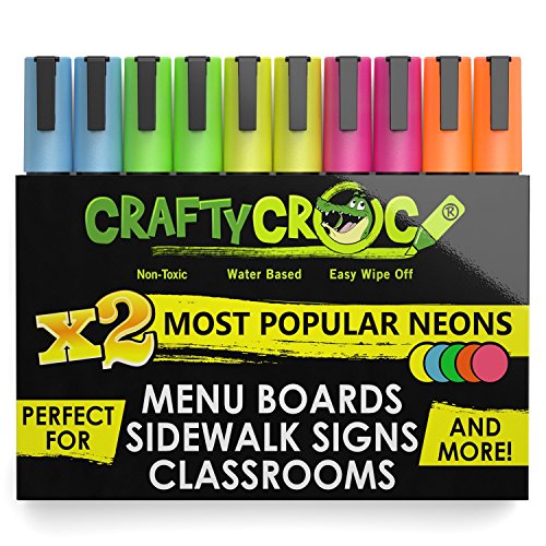 Crafty Croc Liquid Chalk Markers, Neon Chalk Pens Glow Under Blacklight, Includes 2 Each Fluorescent Yellow, Blue, Green, Orange and Pink (10 Pack) Crafty Croc
