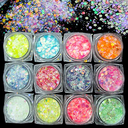 12 Colors Night Glow Chunky Glitters Flakes Luminous Neon Powder Glitter Sequins for Acrylic Nails/Crafts/Resin/Makeup/Festival/Slime - WoodArtSupply