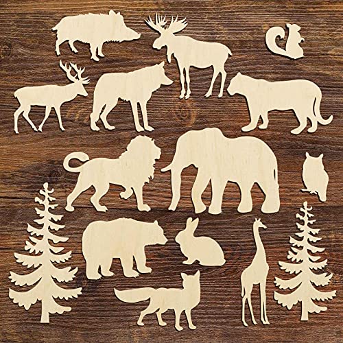 Set of 15 Wood Cutouts,Forest Animals Wood Cutouts for Crafts,Wooden Crafts to Paint,Unfinished Wooden Animal Cutout,Bear Deer Pine Trees Elephant Zhuper