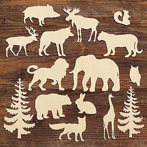 Set of 15 Wood Cutouts,Forest Animals Wood Cutouts for Crafts,Wooden Crafts to Paint,Unfinished Wooden Animal Cutout,Bear Deer Pine Trees Elephant - WoodArtSupply