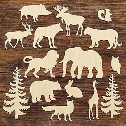 Set of 15 Wood Cutouts,Forest Animals Wood Cutouts for Crafts,Wooden Crafts to Paint,Unfinished Wooden Animal Cutout,Bear Deer Pine Trees Elephant