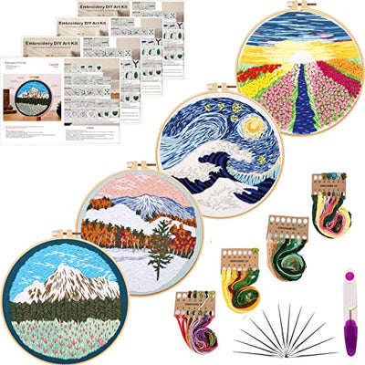 Tcbasrt 4Pack Embroidery Starters Kit with Pattern for Beginners Adults, Cross Stitch Kits Include 2 Embroidery Hoops,4 Embroidery Clothes with