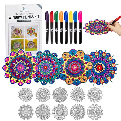 Hula Home Stained Glass Mandala Art Kit - DIY Window Clings with Markers, 10 Suncatchers - Perfect Hobby for Adults, Kids, Teens & Seniors - Ideal Hula Home