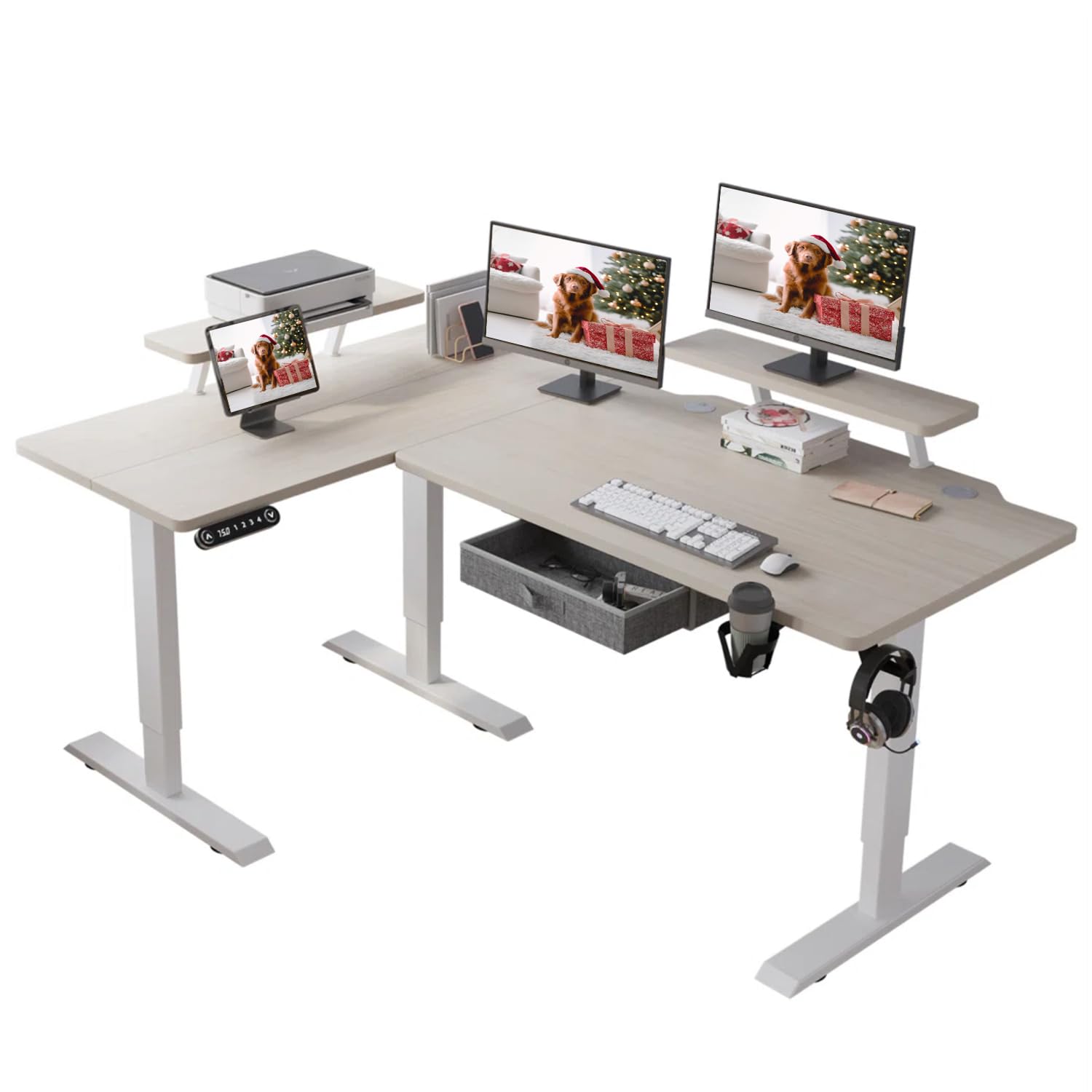 Sileye L Shaped Gaming Drawer Storage Shelf, Electric Adjustable Height, Corner Stand Up Desk with Splice Board for Home Office White Frame/Pale Sileye