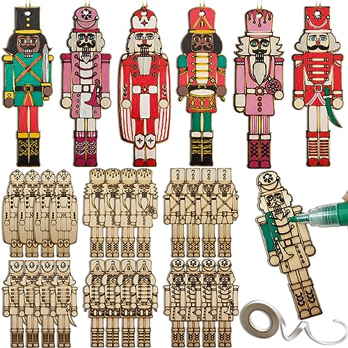 24 Pieces DIY Christmas Nutcracker Ornaments Unfinished Wooden Hanging Walnut Soldier Decoration Blank Xmas Crafts for Christmas Tree Holiday Party WoodArtSupply