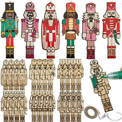 24 Pieces DIY Christmas Nutcracker Ornaments Unfinished Wooden Hanging Walnut Soldier Decoration Blank Xmas Crafts for Christmas Tree Holiday Party - WoodArtSupply