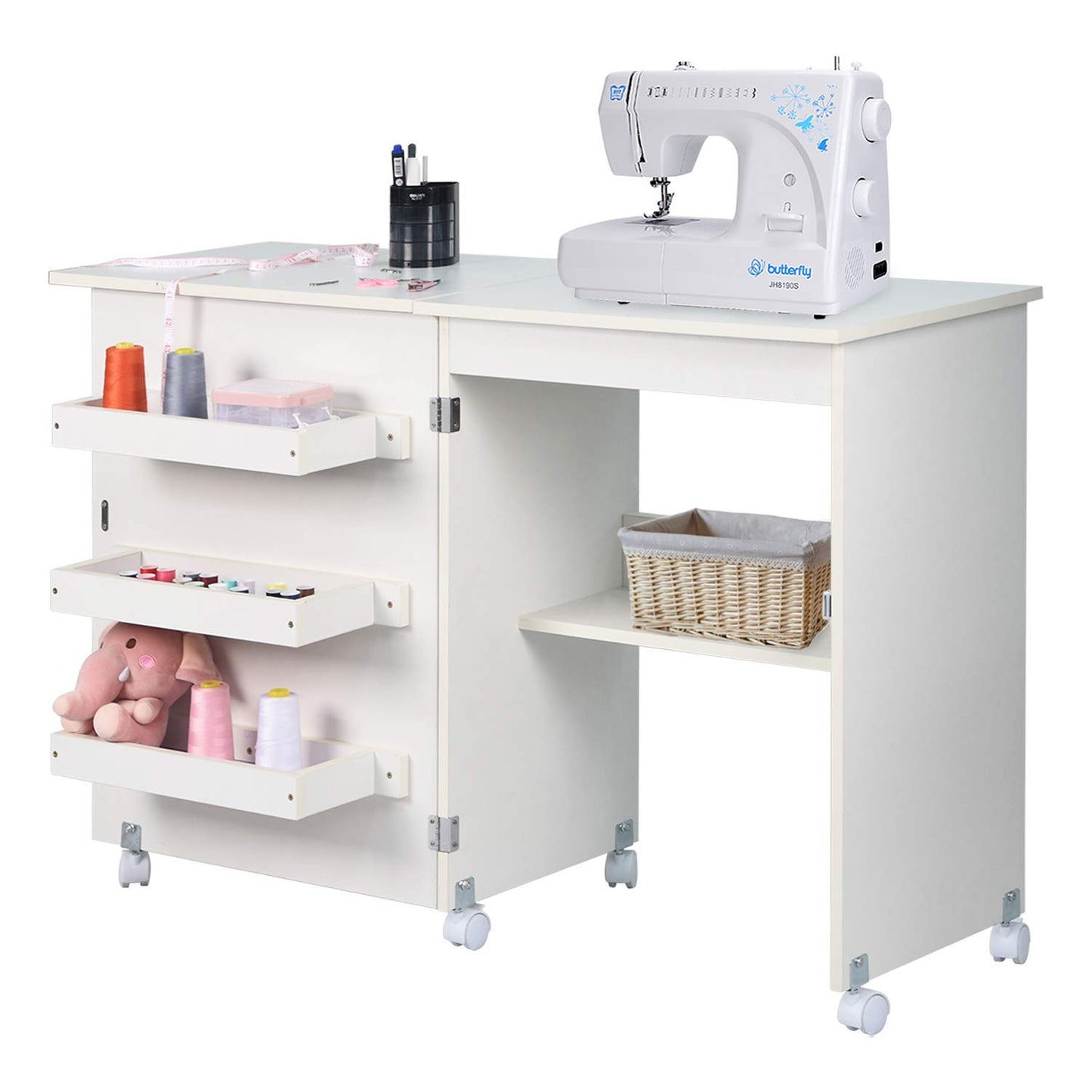 NSdirect Sewing Table, Folding Sewing Craft Cart&Sewing Cabinet Miscellaneous Sewing Kit Art Desk with Storage Shelves and Lockable Casters,(White)