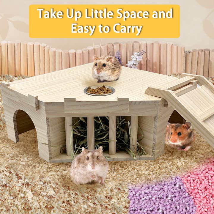 Hamiledyi Guinea Pig Castle Natural Wooden Rabbit House with Ladder and Hay Feeder Chinchilla Multi Chamber Hideaway Small Animal Hideout House for Hamiledyi