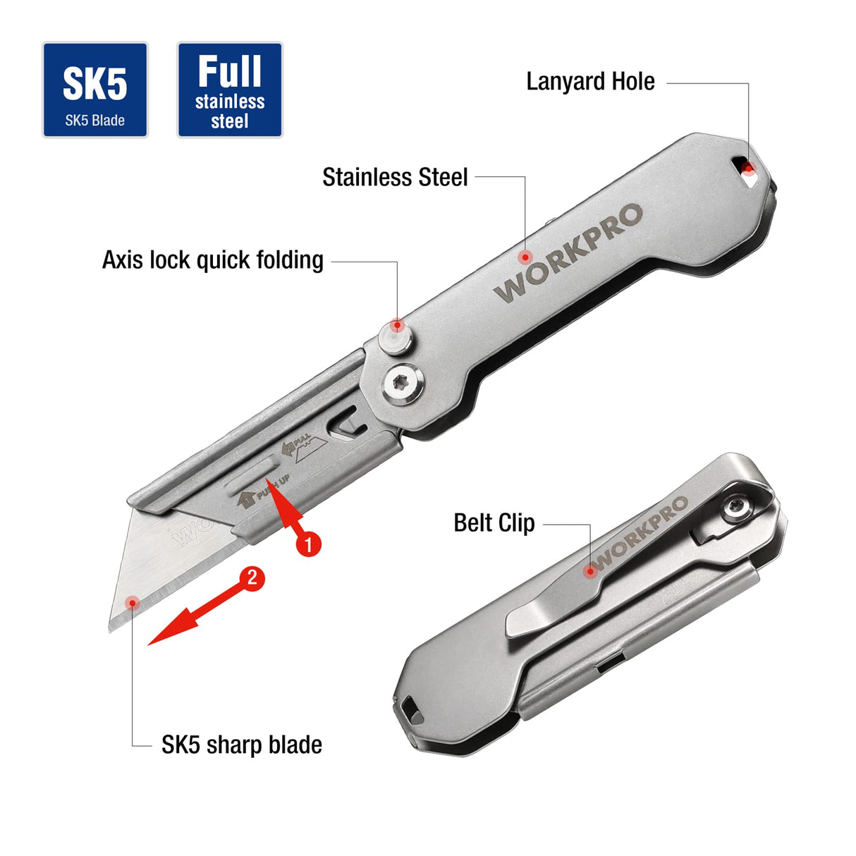 WORKPRO EDC Folding Utility Knife, Mini Box Cutter with Quick Open Axis Lock, Quick Change Blade Razor Knife, Foldable Small Pocket Knife with Belt WORKPRO