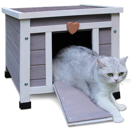 Deblue Weatherproof Cat House for Outdoor Cats, Wooden Small Pet House Outside, Feral Cat Shelter with Elevated Floor and Lockable Door - Grey Deblue