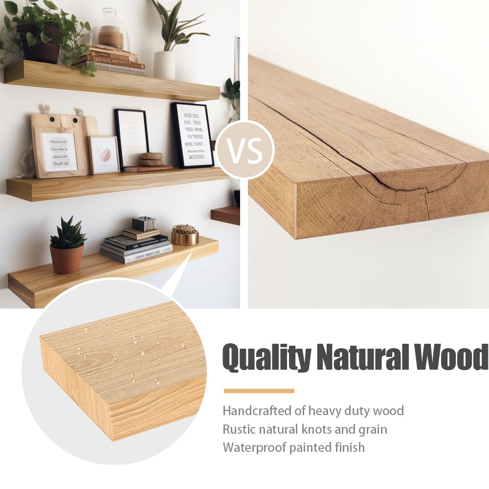 Habudda Floating Shelves, Wooden Wall Shelf for Rustic Decor, Hanging Display Shelving for Bedroom Bathroom Kitchen Living Room, Natural Wood, Habudda