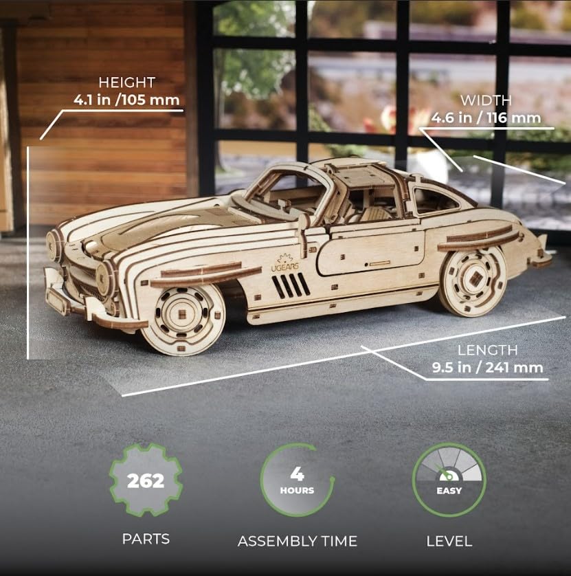 UGEARS Winged Sports Coupe Model Car Kit - 3D Wooden Puzzle Car –Model Kit for Adults to Build - DIY Wooden Car Model Kit with Authentic Gull-Wing UGEARS