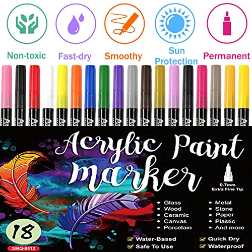 Acrylic Paint Pens for Rock Painting,Set of 18 Extra Fine Point Non-toxic Acrylic Paint Pen Paint Markers for Stone,Ceramic,Glass,Wood,Canvas,Fabrics