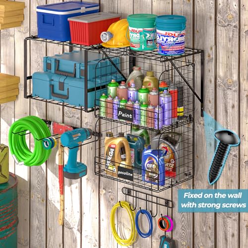 ThreeHio Garage Shelf Wall Mounted with Wire baskets, Heavy Duty Garage Wall Shelving with Garden Tool Rack and Hooks, Wire Shelf Baskets Tool ThreeHio