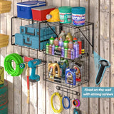 ThreeHio Garage Shelf Wall Mounted with Wire baskets, Heavy Duty Garage Wall Shelving with Garden Tool Rack and Hooks, Wire Shelf Baskets Tool ThreeHio