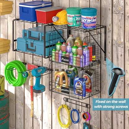 ThreeHio Garage Shelf Wall Mounted with Wire baskets, Heavy Duty Garage Wall Shelving with Garden Tool Rack and Hooks, Wire Shelf Baskets Tool - WoodArtSupply