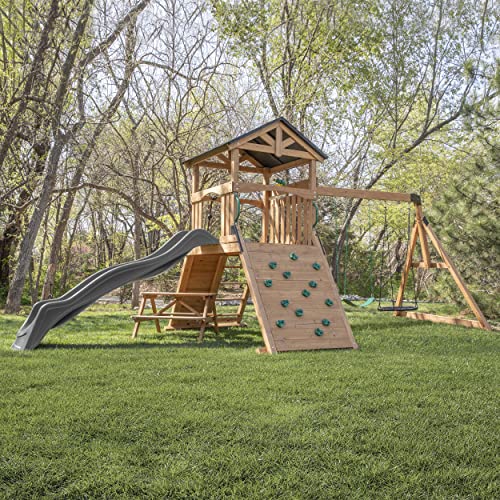 Backyard Discovery Endeavor II All Cedar Wood Swing Set Playset for Backyard with Gray Wave Slide Climbing Wall with Rope Picnic Table Double Wide Backyard Discovery