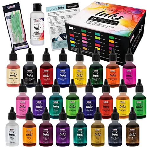 U.S. Art Supply 24 Color Alcohol Ink Set - Huge 30ml Triple Sized 1-oz Bottles - Includes 4-oz Blender & 30 Swabs - Vibrant Highly Concentrated - WoodArtSupply