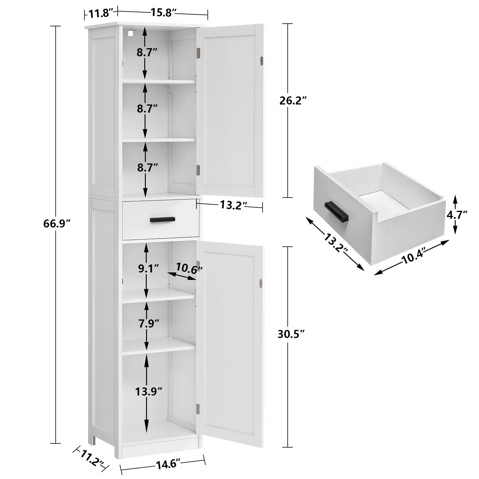 WEENFON Bathroom Storage Cabinet with 2 Doors & 1 Drawer, Tall Bathroom Cabinet with 6 Shelves, for Bathroom, Living Room, Kitchen, White - WoodArtSupply