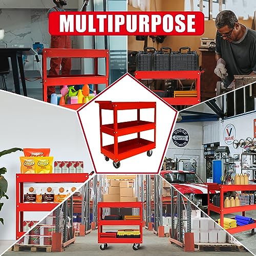 Torin Heavy Duty Utility Cart with 3 Shelf Tiers, Rolling Tool Cart on Wheels, 400lbs Load Capacity, for Garage Warehouse Workshop, APTC302B, Red Torin