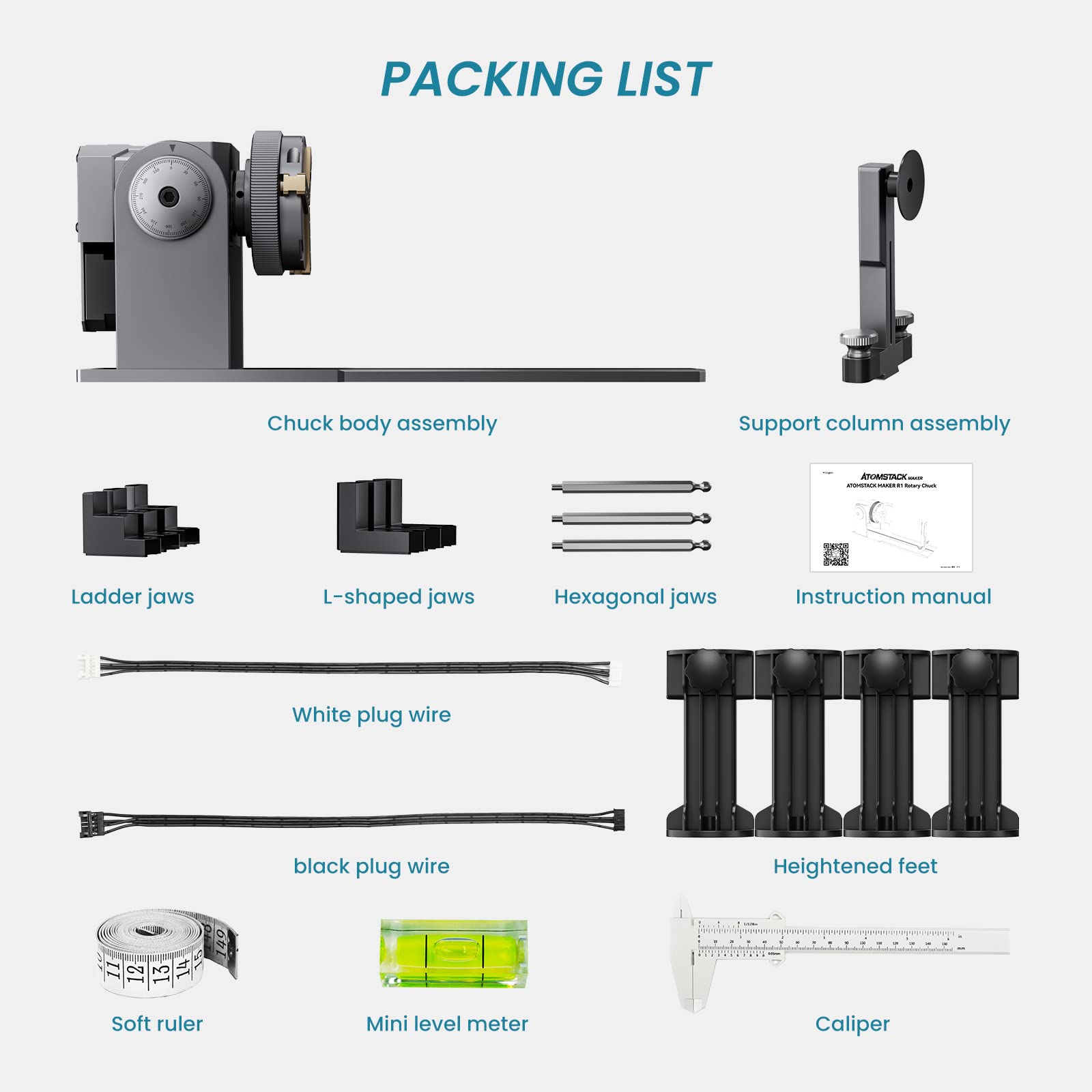 ATOMSTACK R1 Laser Roller - 3 in 1 Laser Rotary with Risers, Multi-Function Engraving Module for Laser Engraver, Jaw Chuck Rotary for Engraving - WoodArtSupply